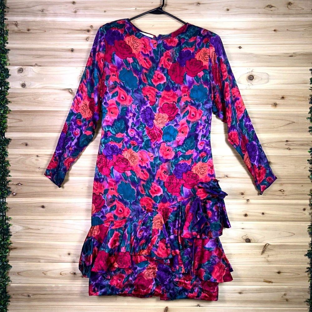 Vintage Raul Blanco Dress Womens 12 Floral Silk Tiered Ruffle Saks Fifth Avenue